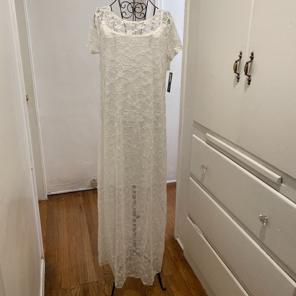 White floral lace dress with a short white slip underneath